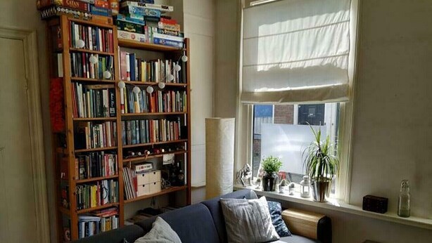 Un salón acogedor con un sofá azul oscuro, una estantería de madera llena de libros y una ventana con cortinas ligeras.