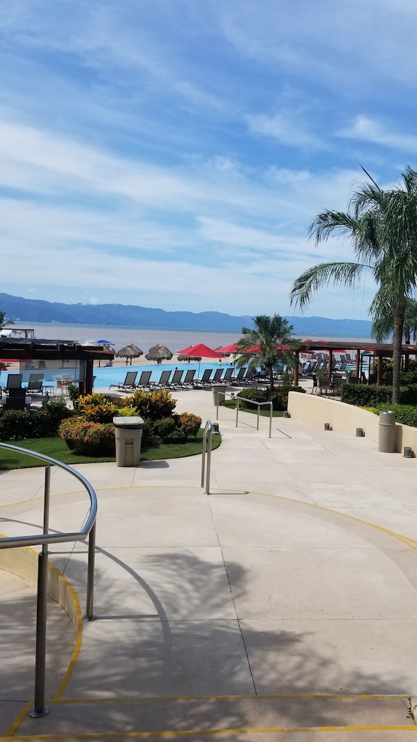 A resort pool area with lounge chairs and umbrellas, a clear view of the sea and mountains in the background, and a palm tree.