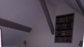 A bedroom with a large bed, a bookshelf, and a lamp.