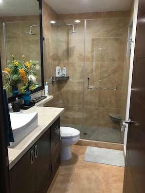 Hair dryer, towels, soap