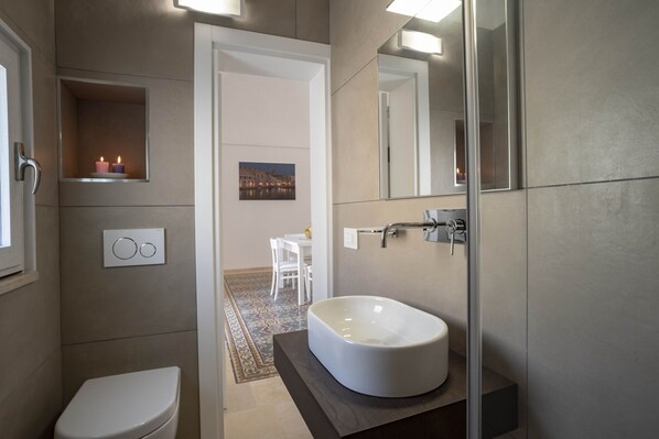 Shower, hair dryer, bidet, towels