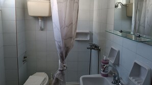 Un baño con inodoro, lavamanos y ducha.