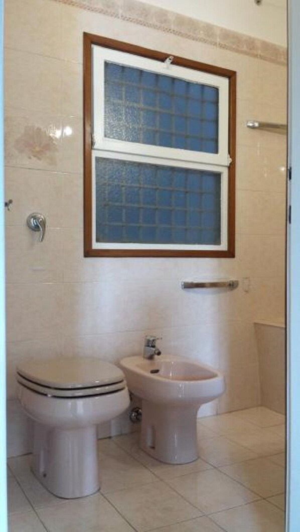 A bathroom with a toilet, bidet, and a window with a wooden frame.