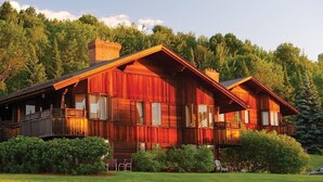Een ruime houten chalet met balkon, omringd door weelderige begroeiing en een bos op de achtergrond.