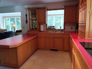 A kitchen with wooden cabinets, a large island, and a window overlooking greenery.