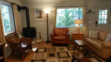 Smart TV, fireplace, DVD player, books