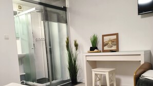 Ett modernt hotellrum med en dusch av glas, ett litet skrivbord med en växt, en inramad tavla och prydligt hopvikta handdukar på golvet.
