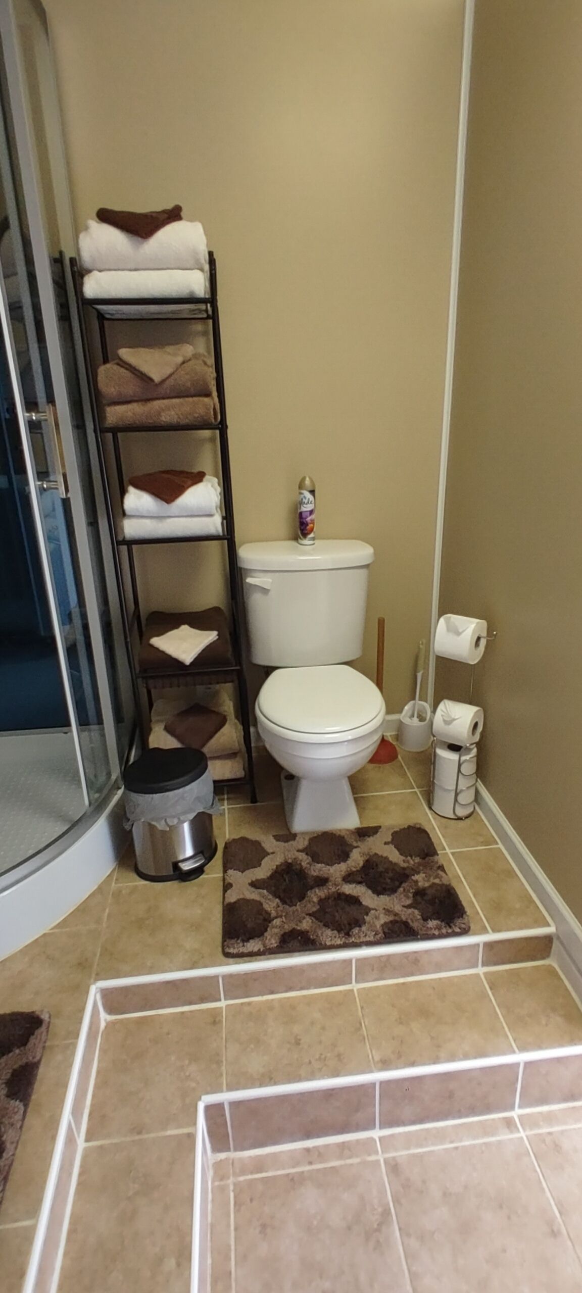A small bathroom with a toilet, a shelf with folded towels, a trash can, and a shower area.