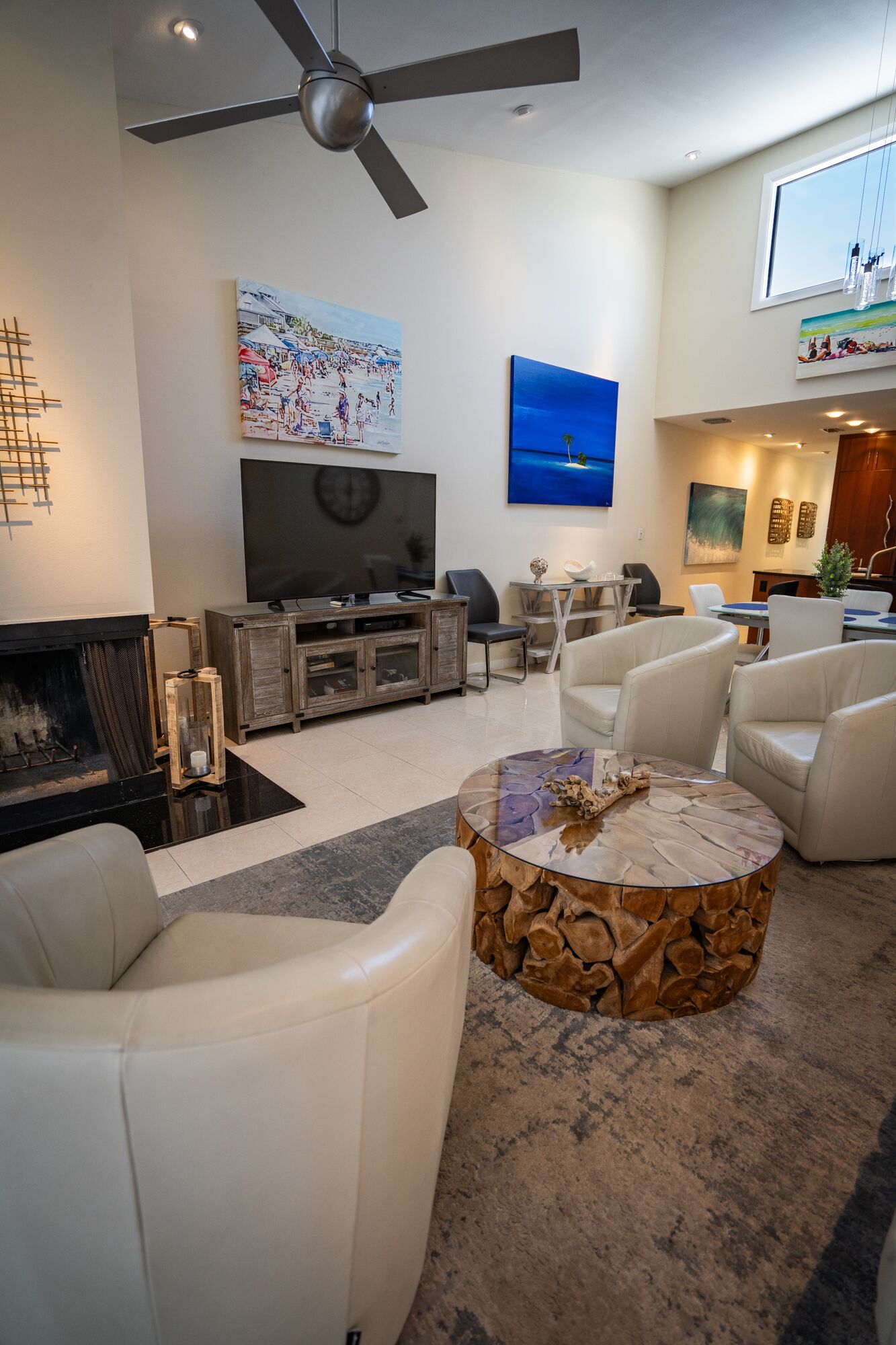 TV, fireplace