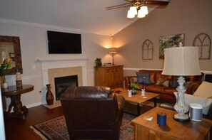 TV, fireplace, music library