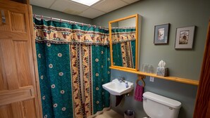 A bathroom with a shower curtain, sink, toilet, and a mirror. - Mindfulness Room - Good Karma Inn - Bed and Breakfast in Homer, Alaska (Homer)