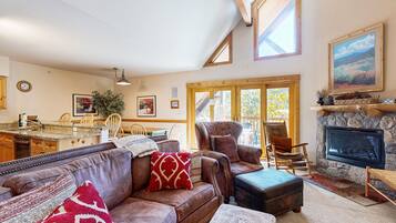 TV, lareira, DVD player, livros