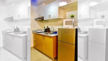 Fridge, microwave, oven, electric kettle