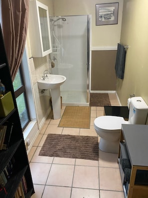 Shower, hair dryer, bathrobes, towels