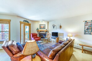 TV, fireplace, DVD player, books