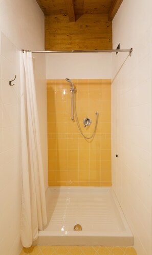 Shower, hair dryer, towels, shampoo