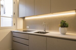 A modern kitchen with two sinks, a window, and a potted plant.