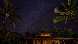 A night sky with stars, palm trees, and a building with a balcony.