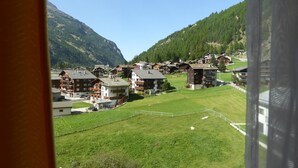 A mountain village with traditional wooden houses, a grassy field, and a mountain in the background.