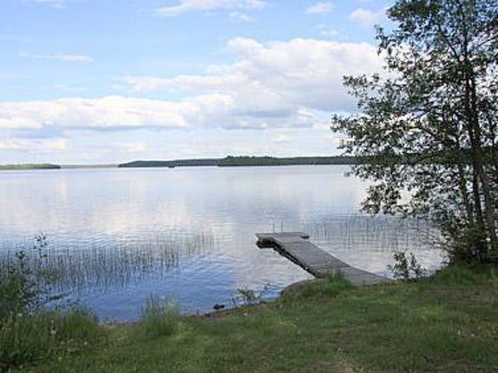 A calm lake with a dock extending into the water, surrounded by grassy areas and trees.