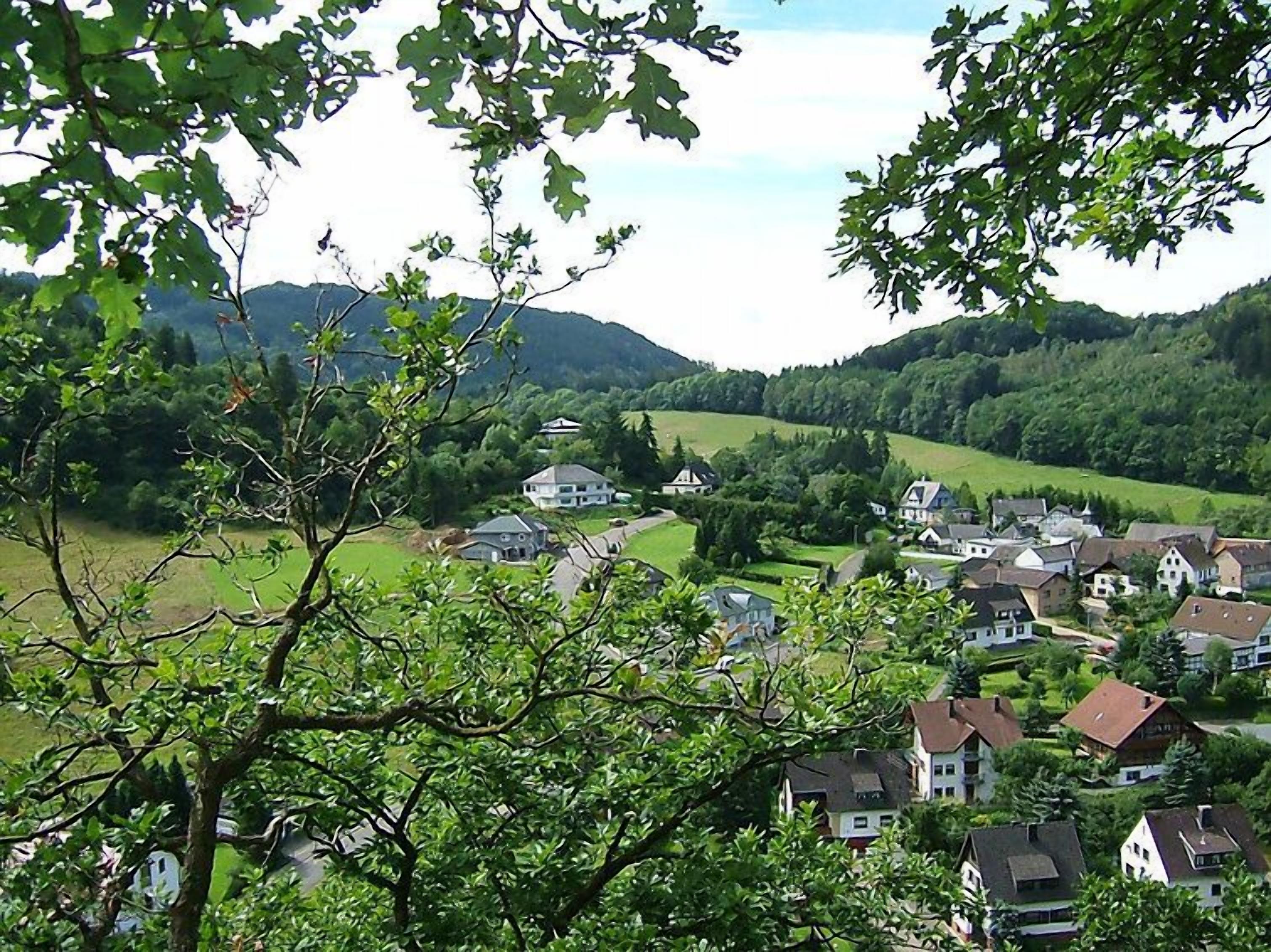 A rural village with houses surrounded by greenery and hills in the background.