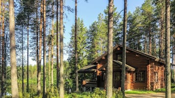 Hirsimökki, jonka ympärillä kohoaa korkeita mäntyjä ja jonka yllä on kirkas taivas.
