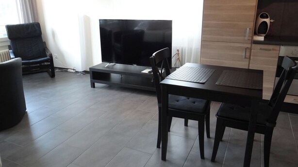 Un soggiorno moderno con una televisione a schermo piatto, un tavolo da pranzo con sedie, un divano e un termosifone.