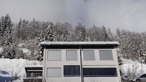 Un edificio moderno a due piani con ampie finestre e tetto piatto, circondato da alberi innevati.