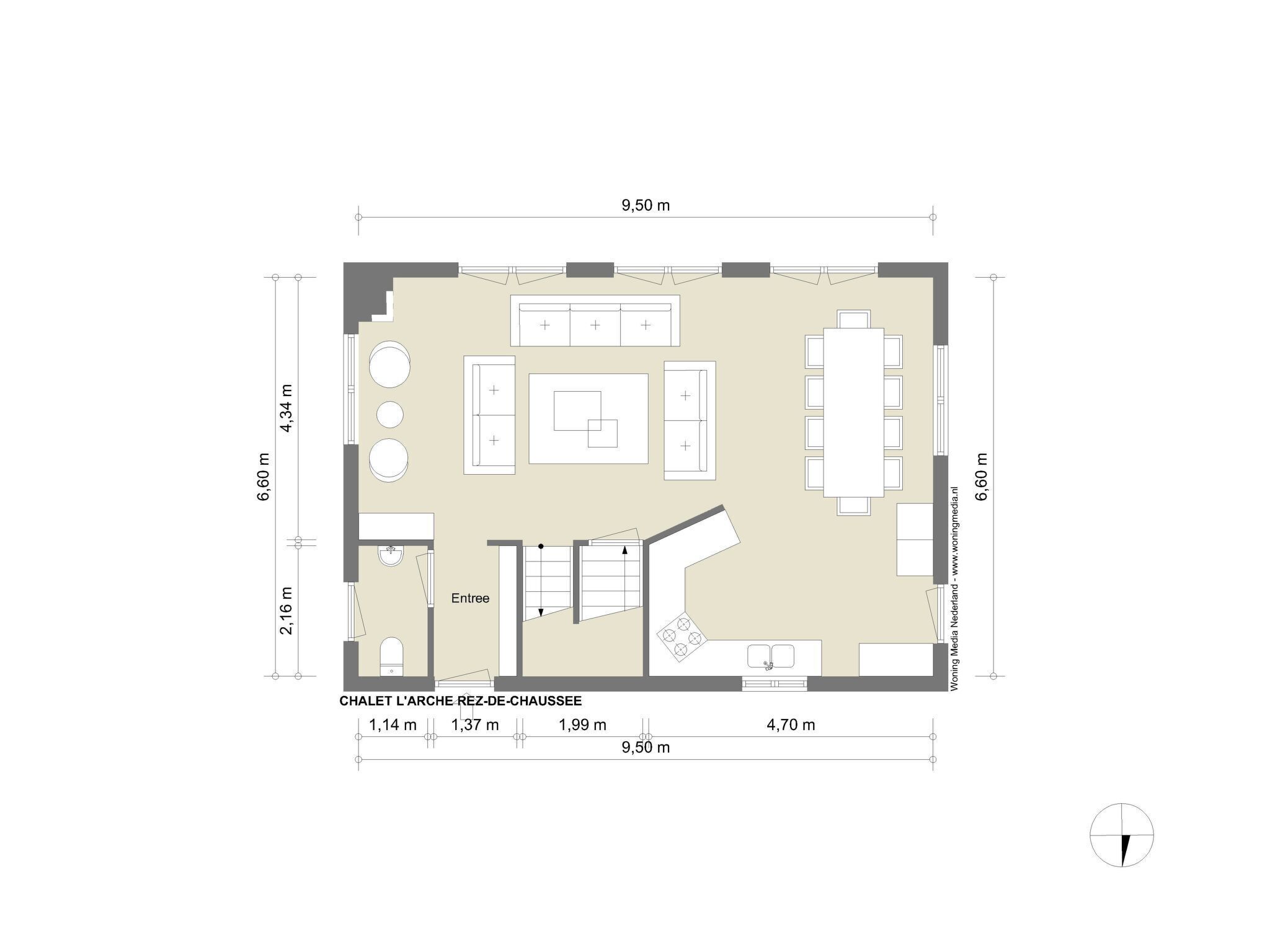 A floor plan of a hotel room with a living area, a dining table, a kitchen, and a bathroom.
