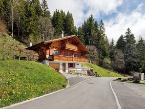 A wooden chalet with a balcony, set on a hillside with a paved driveway leading to the entrance. - Saint Piran by Interhome (Villars)