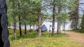 A rustic cabin surrounded by trees, a grassy area, and a body of water.