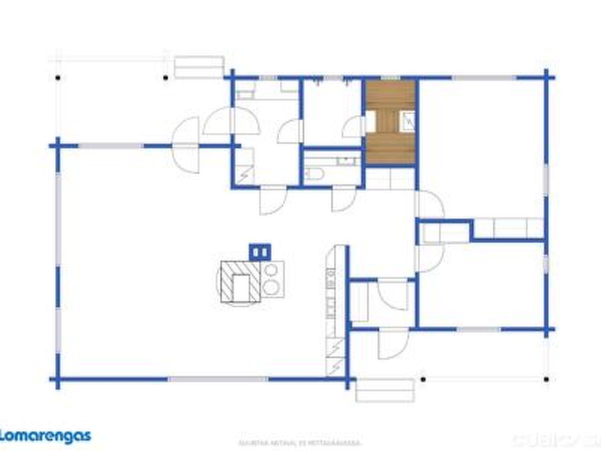 A floor plan with a kitchen, dining area, and multiple bedrooms.