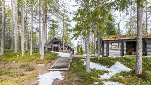 Eine rustikale Holzhütte mit einer Holztreppe, umgeben von hohen Bäumen und Schneeflecken.