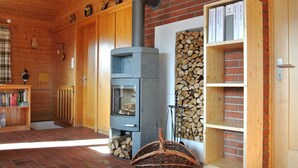 Une pièce chaleureuse avec un poêle à bois, une bibliothèque et une cheminée.