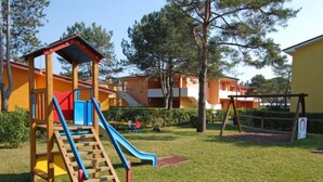 Ein Spielplatz mit Rutsche und Kletterstufen, umgeben von Gras und Bäumen.