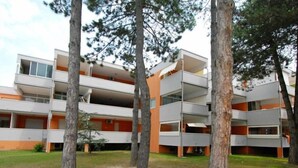 Un edificio residenziale a più piani con balconi, immerso nel verde.