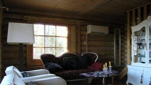A cozy cabin interior with a sofa, armchair, and a small table with a lamp.