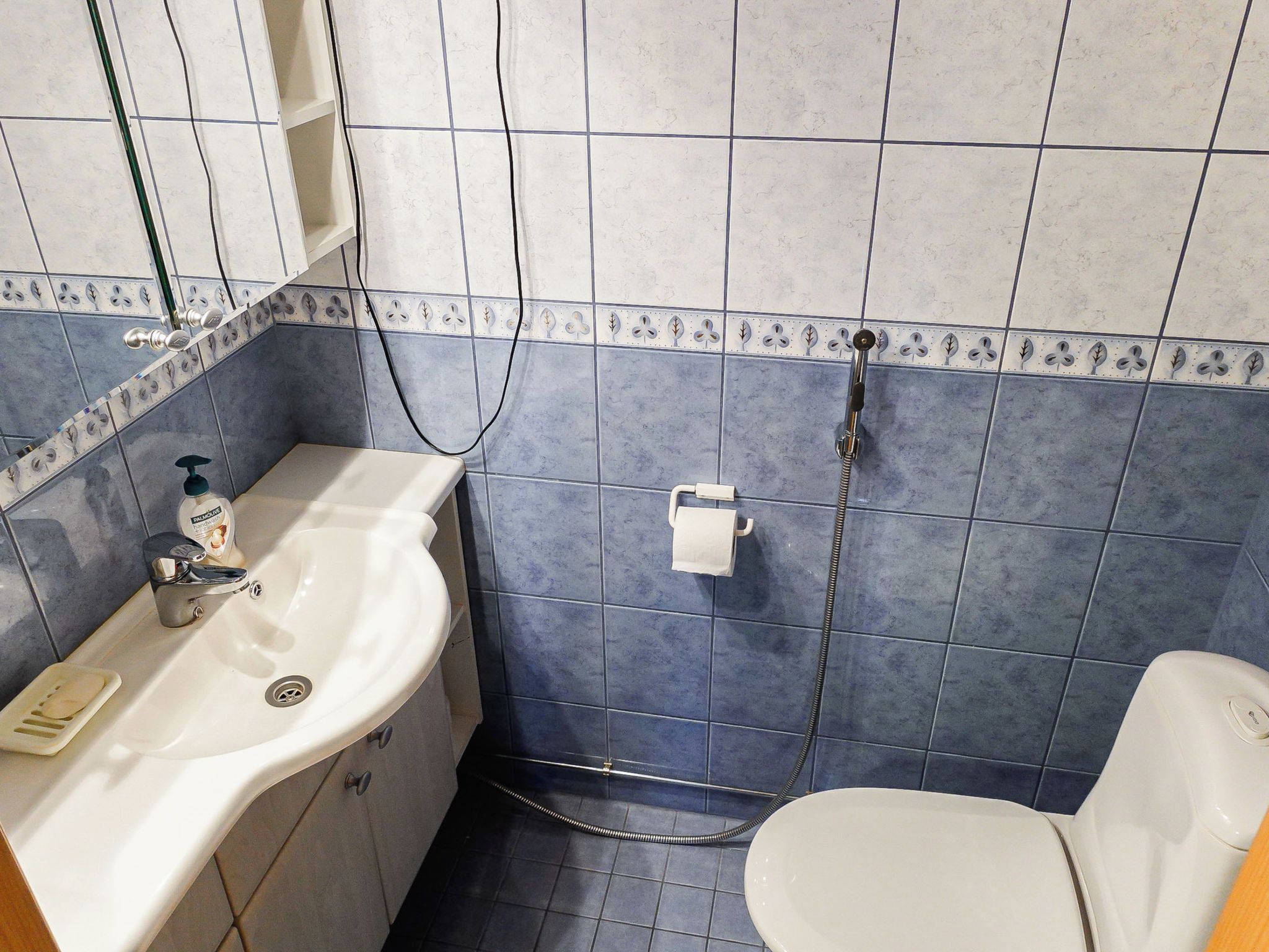 A bathroom with a white sink, a toilet, and a shower area.
