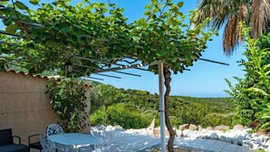 Ulkoterassi, jossa on pöytä ja tuoleja, ja jota ympäröi vehreää kasvillisuutta sekä avautuu näkymä maisemaan.