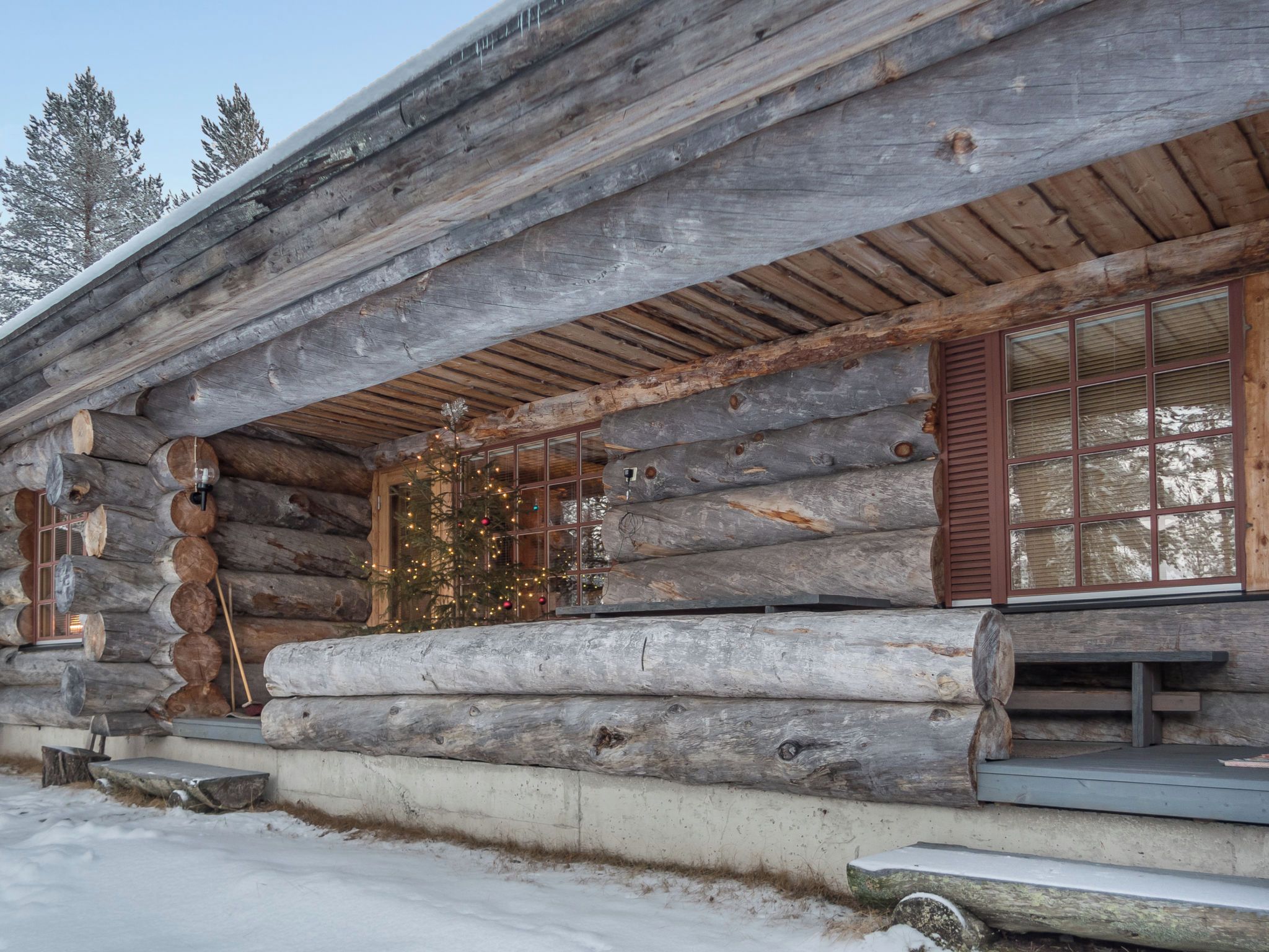Une cabane en rondins avec un porche en bois, un sapin de Noël et un banc.