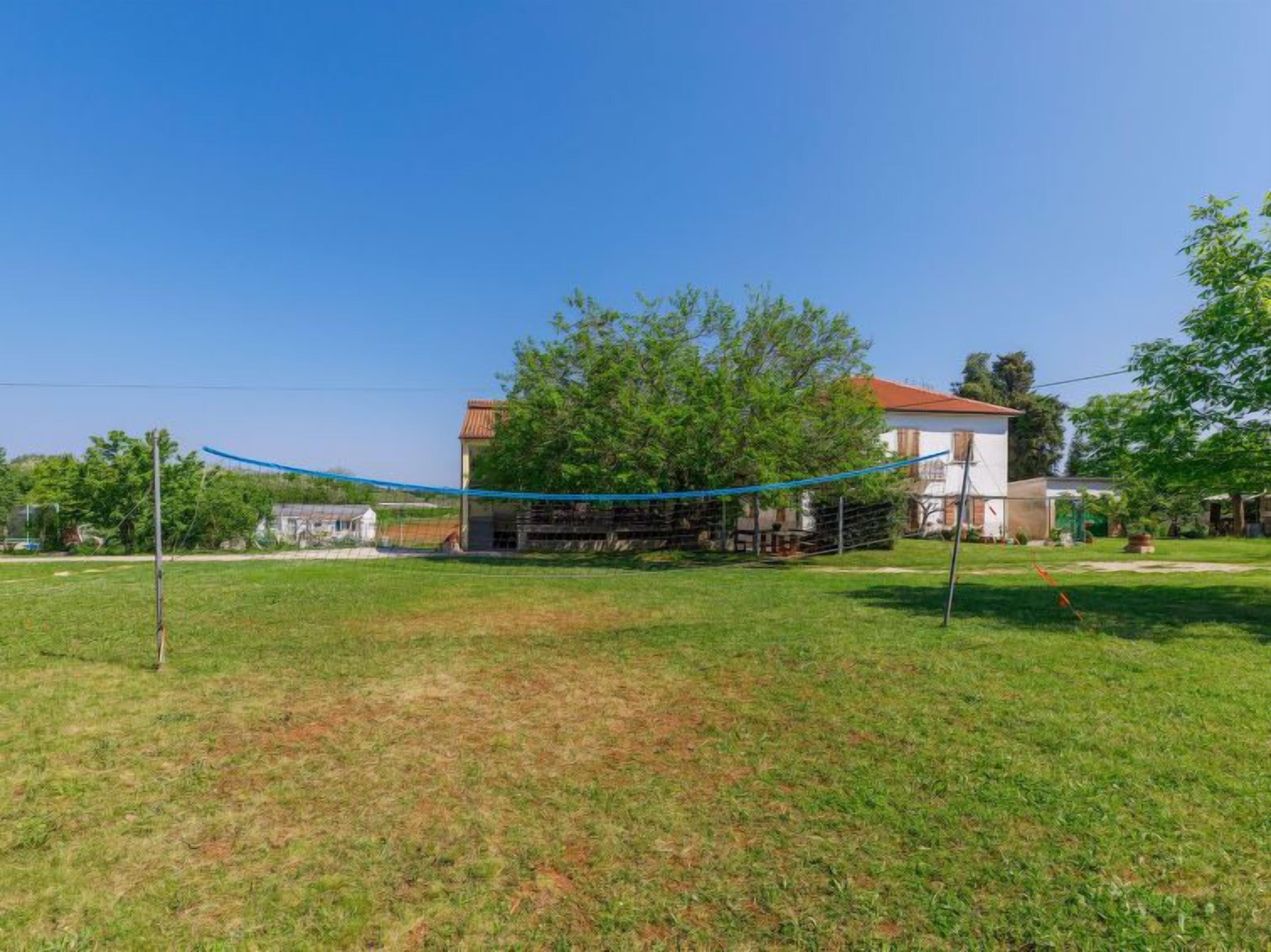 A grassy outdoor area with a blue net, a white building with a red roof, and trees in the background.