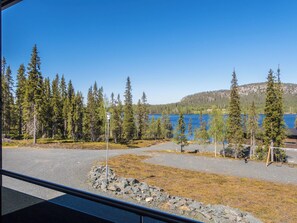 A clear view of a lake surrounded by dense forest, with a paved area in the foreground and a building in the distance.