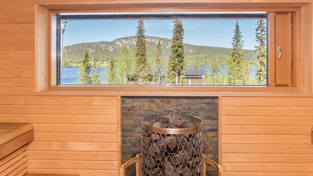 Een sauna met een stenen open haard, houten banken en een raam met uitzicht op een bosrijk gebied en meer.