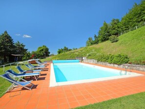 Ein rechteckiger Pool mit befestigter Liegefläche, umgeben von Liegestühlen und einer sanften, grasbewachsenen Hügelkuppe.