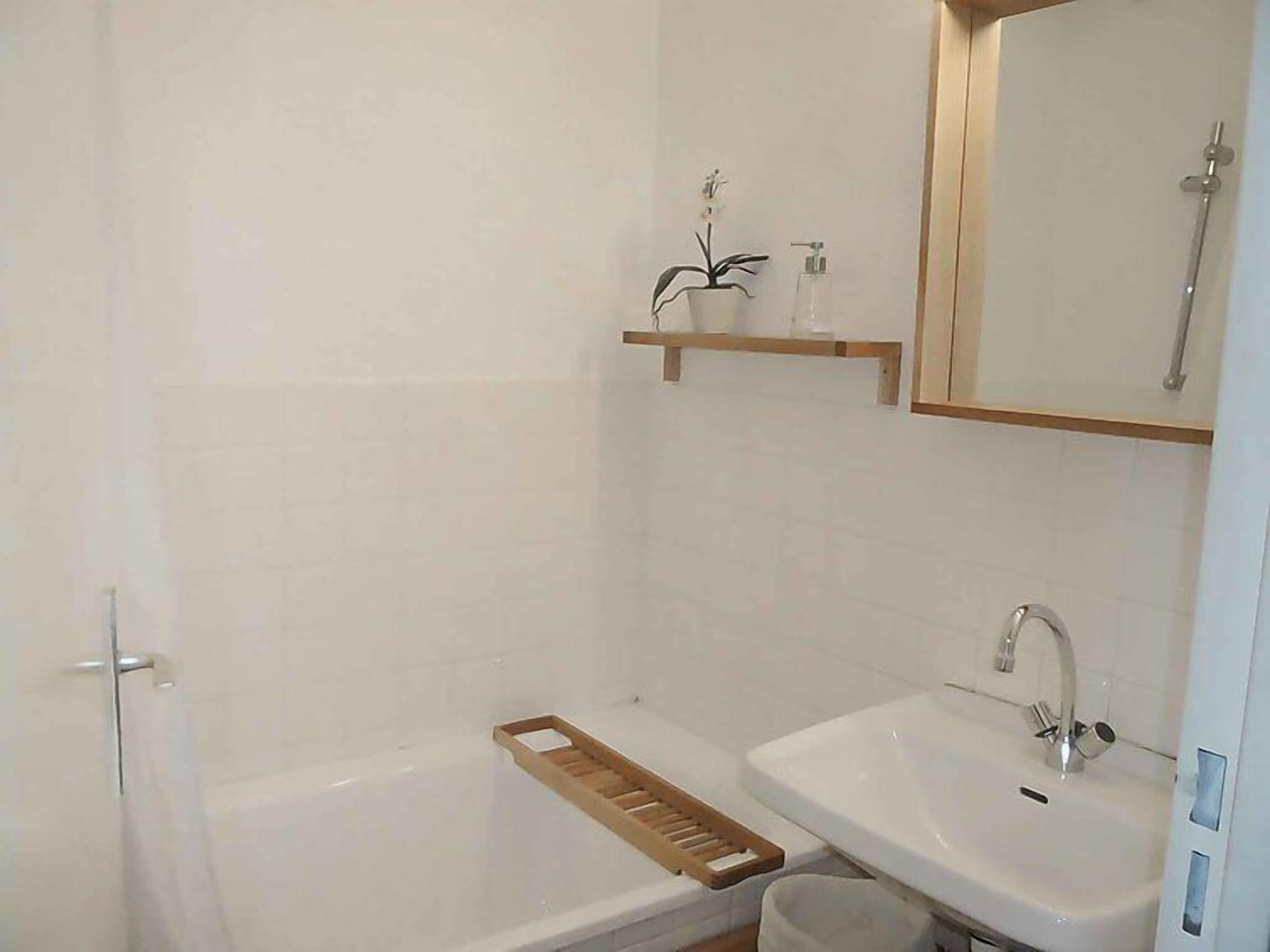 Une salle de bain avec une baignoire, un lavabo, un miroir et une étagère sur laquelle est posée une plante.