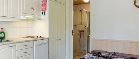 A compact room with a kitchenette, a shower, and a bed with a patterned bedspread.