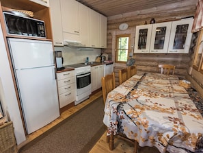 A compact kitchen with a refrigerator, stove, and sink, wooden cabinets, and a dining area with a table and chairs. - Koivuranta by Interhome (Jämijärvi)