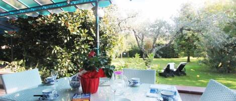 A glass-top table with blue and white teacups, a book, and a red vase in a garden setting.