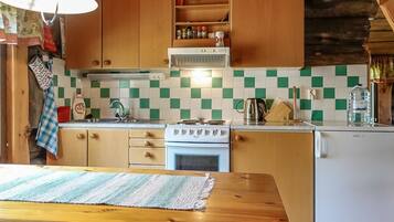 Fridge, microwave, cookware/dishes/utensils