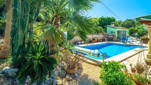 A pool surrounded by tropical plants and a small building with a door and windows. - Vacation home Bosque by Interhome (Jávea)